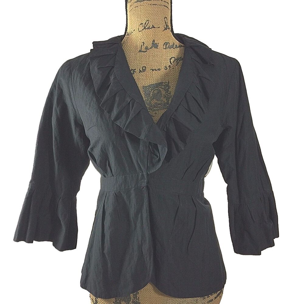 CABI 6 Med M Jacket Blazer Black Metal Bl Ruffle Collar Empire Hook 3/4 Sl Work